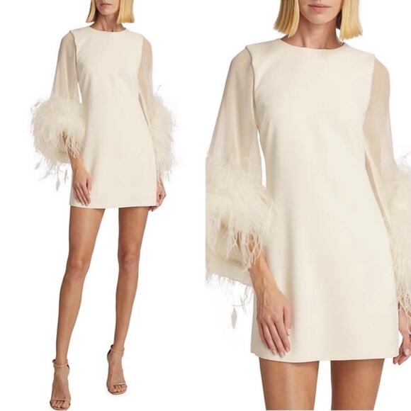 Alice + Olivia Izola Feather Hem Long Sleeve White Ecru Mini Dress Size 6 - Picture 1 of 13